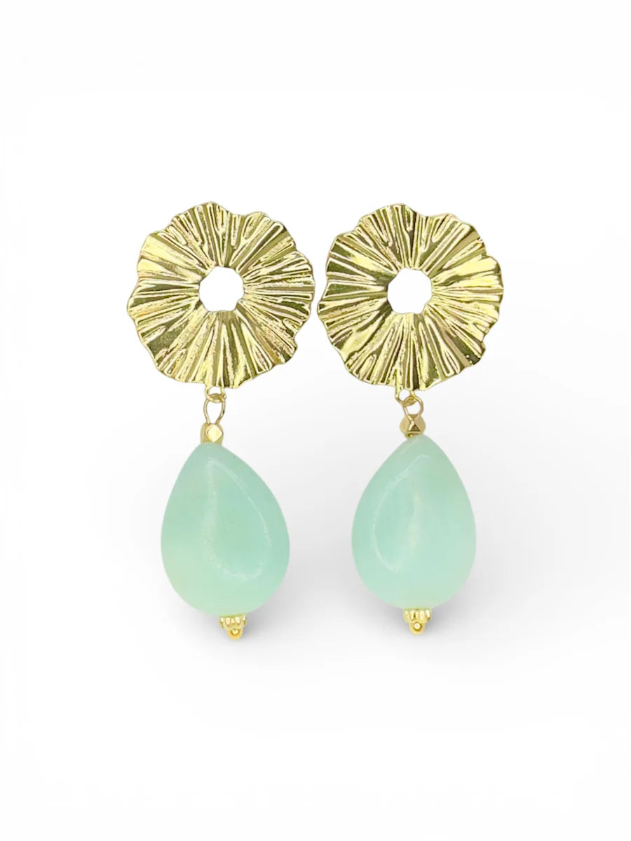 The Sky Amazonite Earrings by Aria V feature gold-plated brass floral tops and dangling light green teardrop amazonite stones, shown against a white background.