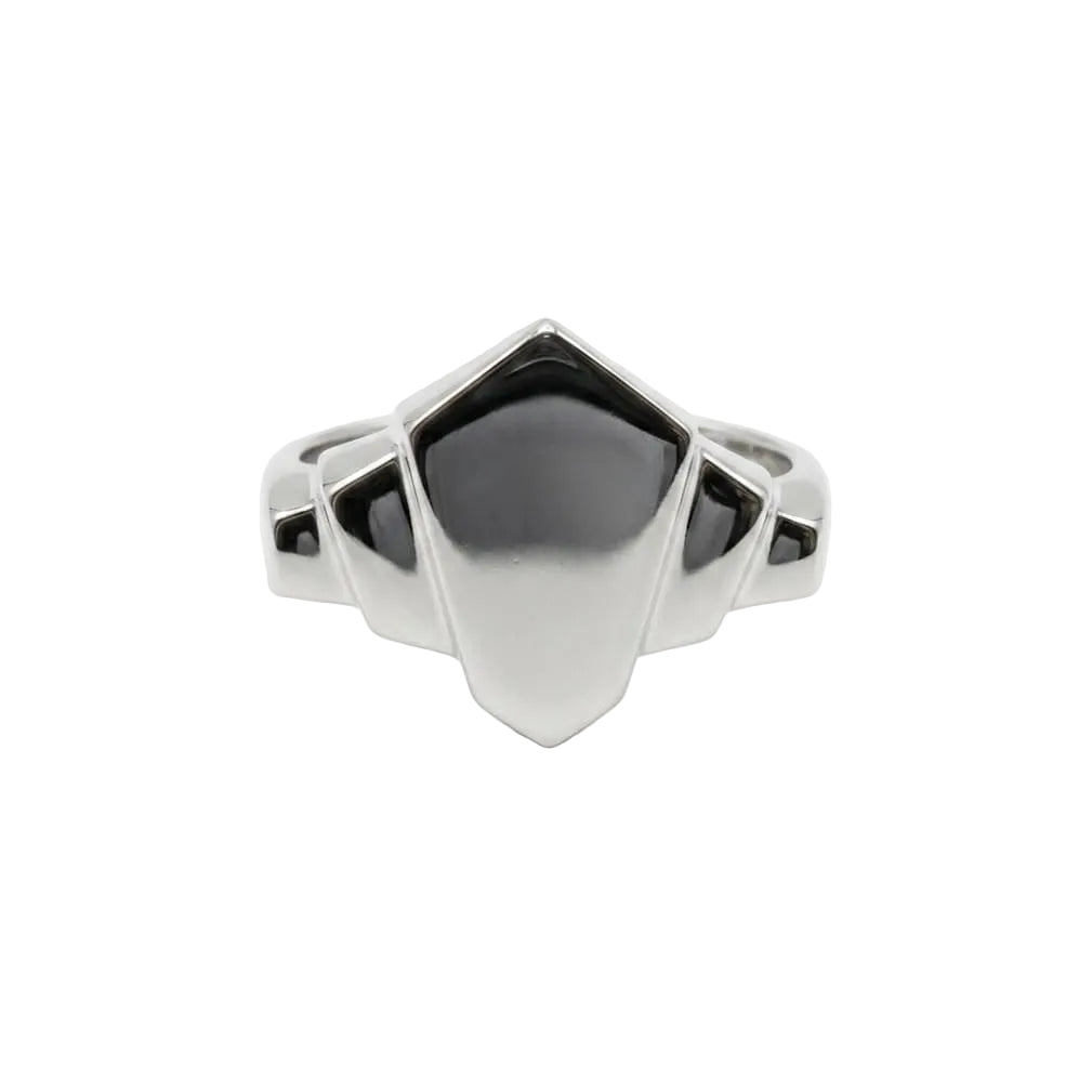 The Silver Rabbit’s Gatsby Mini Silver Signet Ring features a geometric, shield-like sterling silver design with polished surfaces and clean lines, shown on a plain white background.
