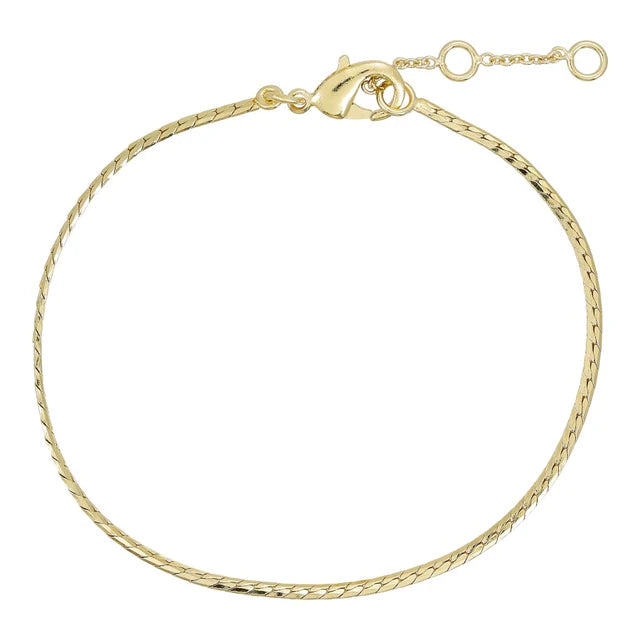 The Watermelon tropical Snake Chain Bracelet features a delicate, gold-plated design with a lobster claw clasp and adjustable extender, highlighting handmade elegance against a white background.