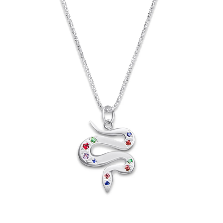 The Cosmic Boulevard Sterling Silver & Tsavorites or Sapphires Serpent Pendant features a snake-shaped pendant adorned with colorful tsavorites or blue sapphires, displayed on a fine silver chain against a white background.