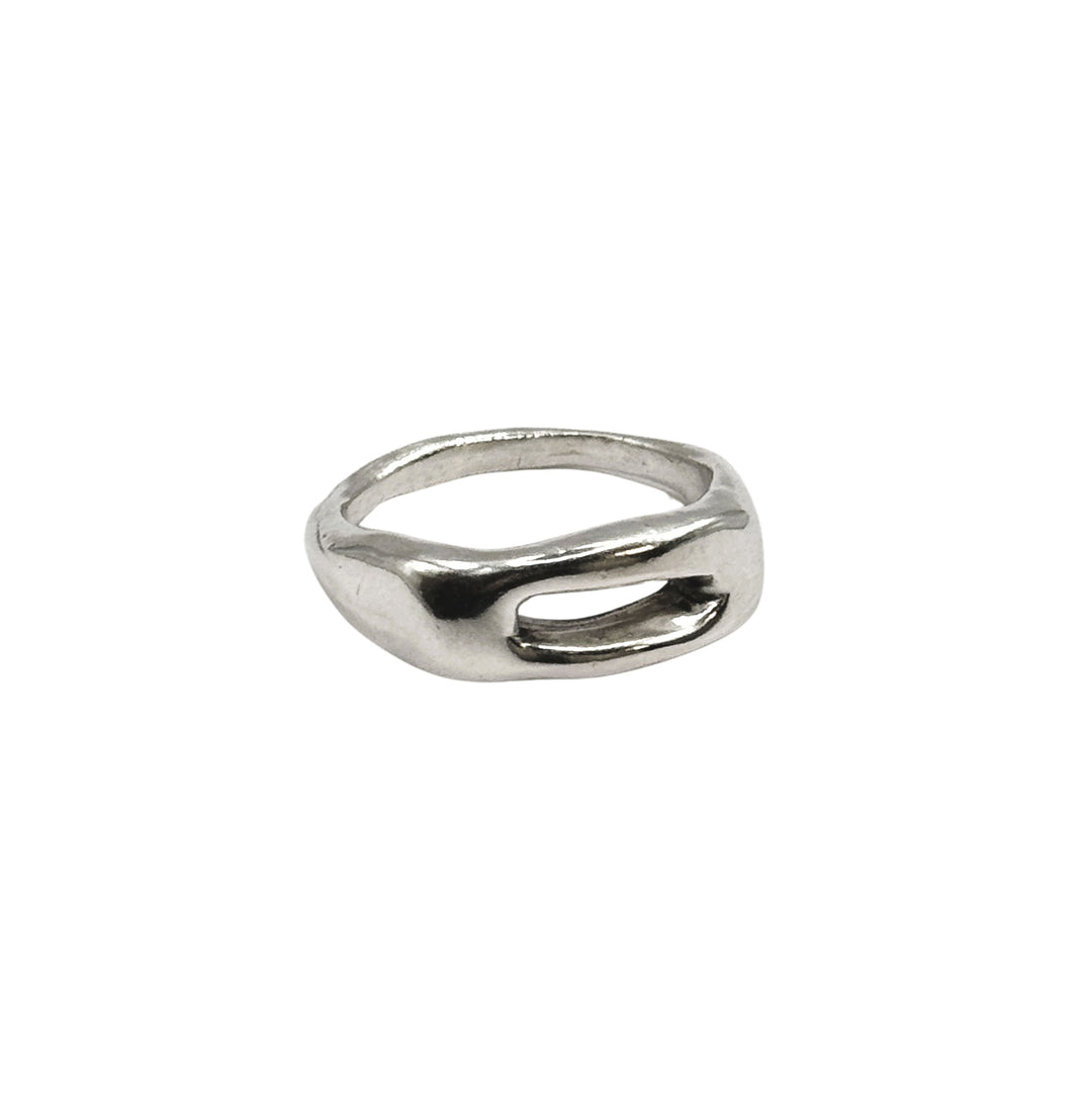 The Souvenir Silver Ring by Inó Jewellery is a handcrafted sterling silver piece with a chunky, modern design and a rectangular cut-out on one side, shown against a plain white background.