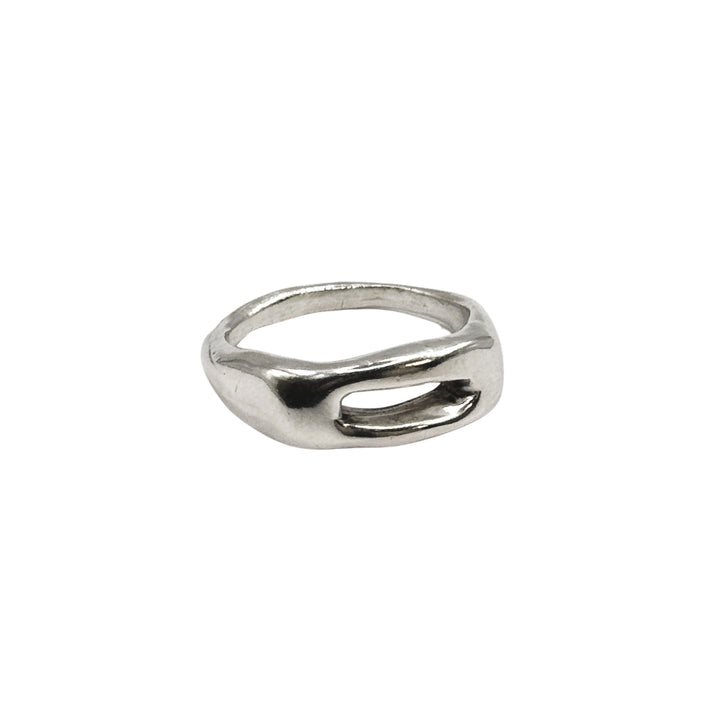 The Souvenir Silver Ring by Inó Jewellery is a handcrafted sterling silver piece with a chunky, modern design and a rectangular cut-out on one side, shown against a plain white background.