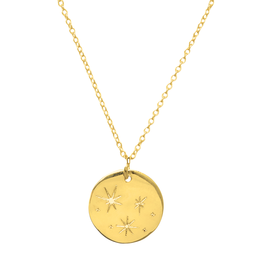 The Symbol Necklace in 9k Gold by Personalised Charms showcases a round, engraved pendant with star designs on a delicate chain—a beautiful personalized jewelry piece for any occasion.