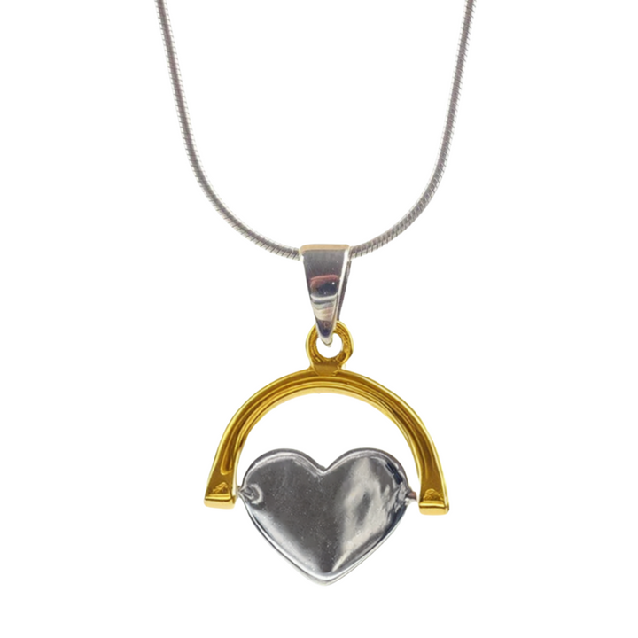 The Sterling Silver & Gold Vermeil Spinning Heart necklace by Engravable Jewellery features a spinning heart pendant framed by a gold vermeil semi-circle, making it an elegant, personalized engraved accessory.