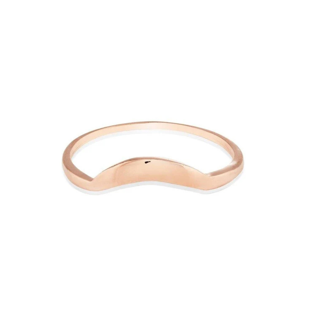 The Sunrise Ring 9ct Rose Gold by Cosmic Boulevard features a slim, curved V-shaped band in rose gold, ideal for stacking. Shown on a white background.