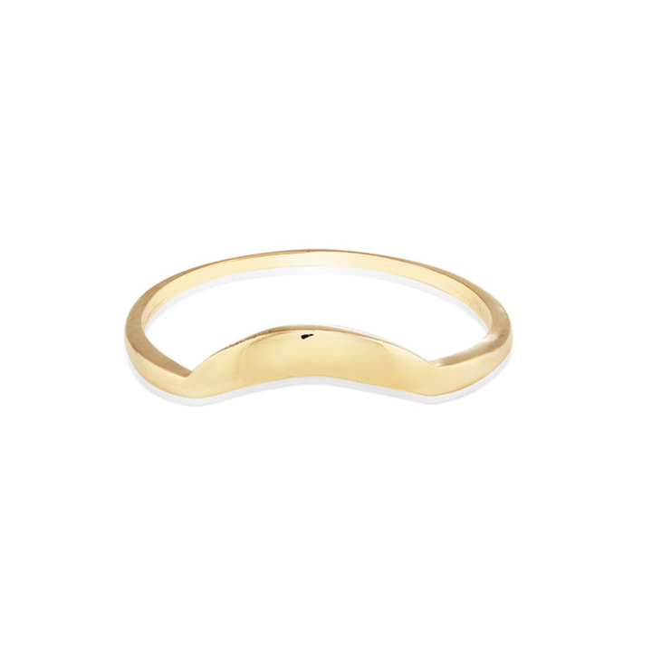 The Cosmic Boulevard Sunrise Ring 9ct Rose Gold features a smooth, curved wave design ideal for stacking, shown on a white background.