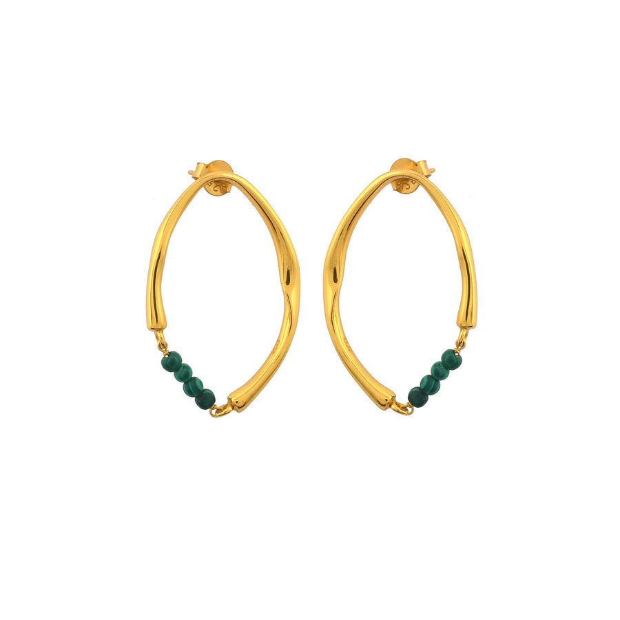 The Shyla Thiva Earrings are a pair of gold-tone, hoop earrings with an organic, twisted design. Each elegant earring features a string of small, green beads at the bottom center, crafted meticulously in 22 carat gold.