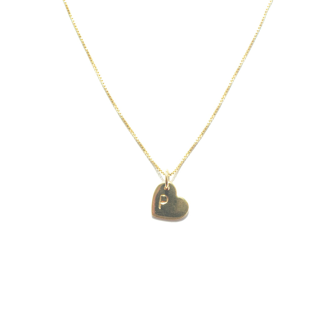 A delicate gold plated silver necklace with a small heart-shaped pendant. The hand stamped charm features the letter "P" engraved on its surface. The thin and elegant adjustable oval belcher chain complements the understated design of the heart charm. This **Personalised Small Heart Charm in Gold** by **Personalised Charms** is beautifully showcased against a plain white background.