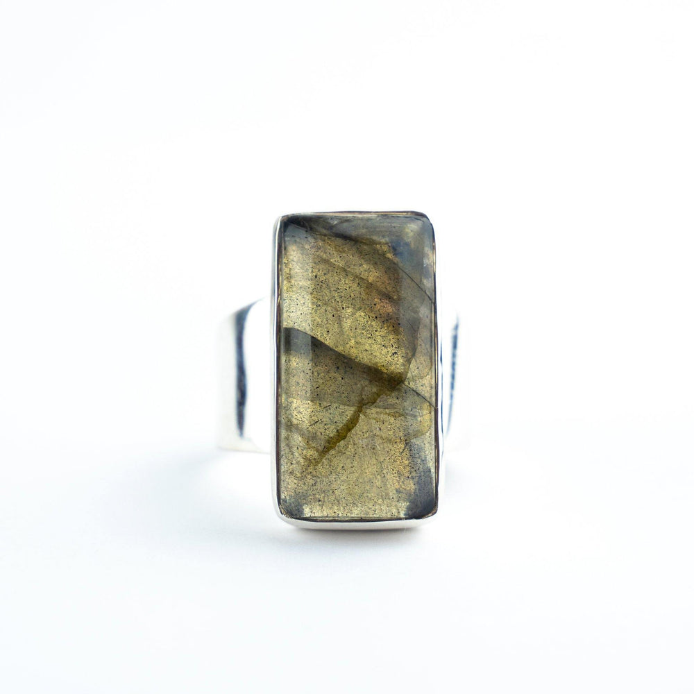 A close-up of the Silver Rectangle Labradorite Ring by Watermelon Tropical. The stone exhibits a range of colors, including shades of gold, brown, and hints of blue. The ring is set against a plain white background.