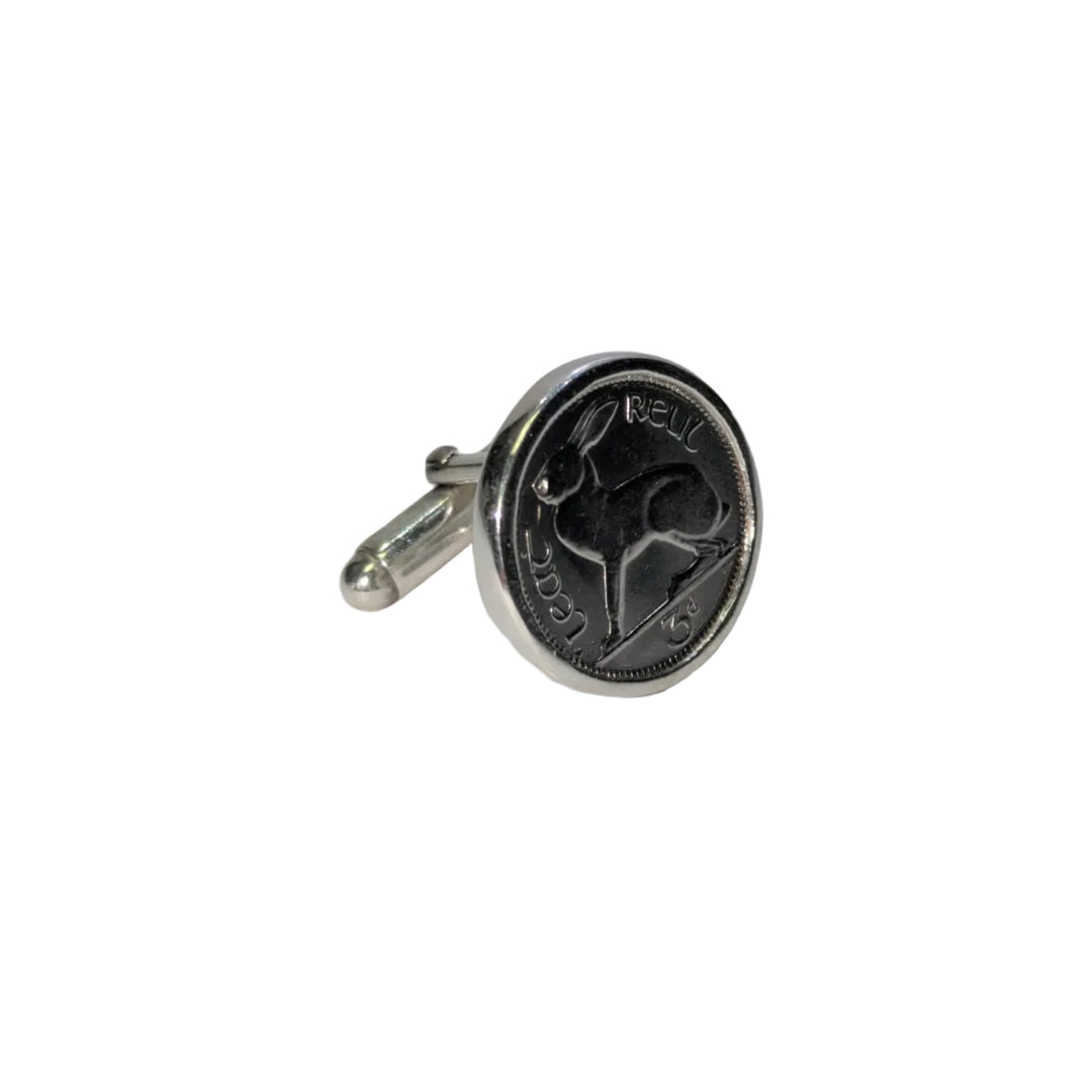Cufflinks with an Irish  three pence piece bezel set in sterling silver