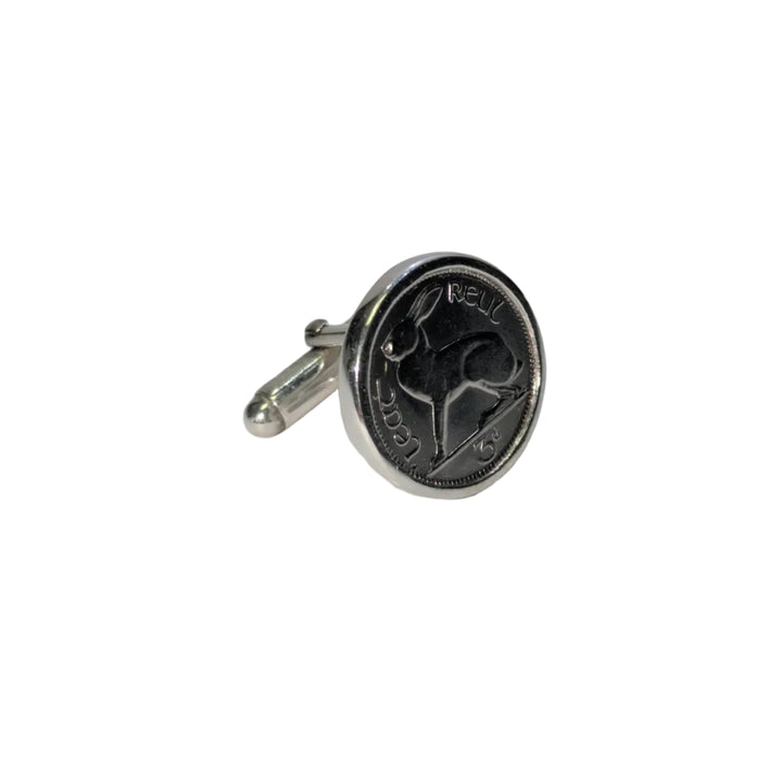 Cufflinks with an Irish  three pence piece bezel set in sterling silver