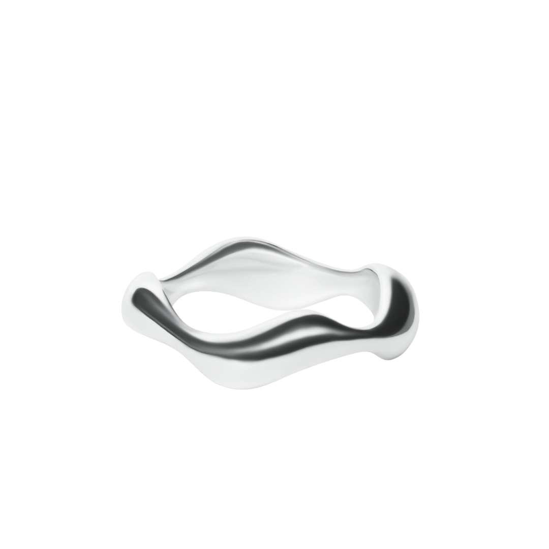 The Thorn Ring by Madeleine Sculptural Jewellery is a silver, handmade piece with smooth, wavy curves and open spaces, capturing the essence of organic jewellery. It sits elegantly on a white background.