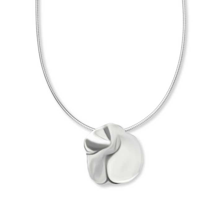 The Tide Necklace by Madeleine Sculptural Jewellery features a unique, abstract silver pendant with smooth, folded curves on a thin chain—an elegant, handmade piece showcased against a plain white background.