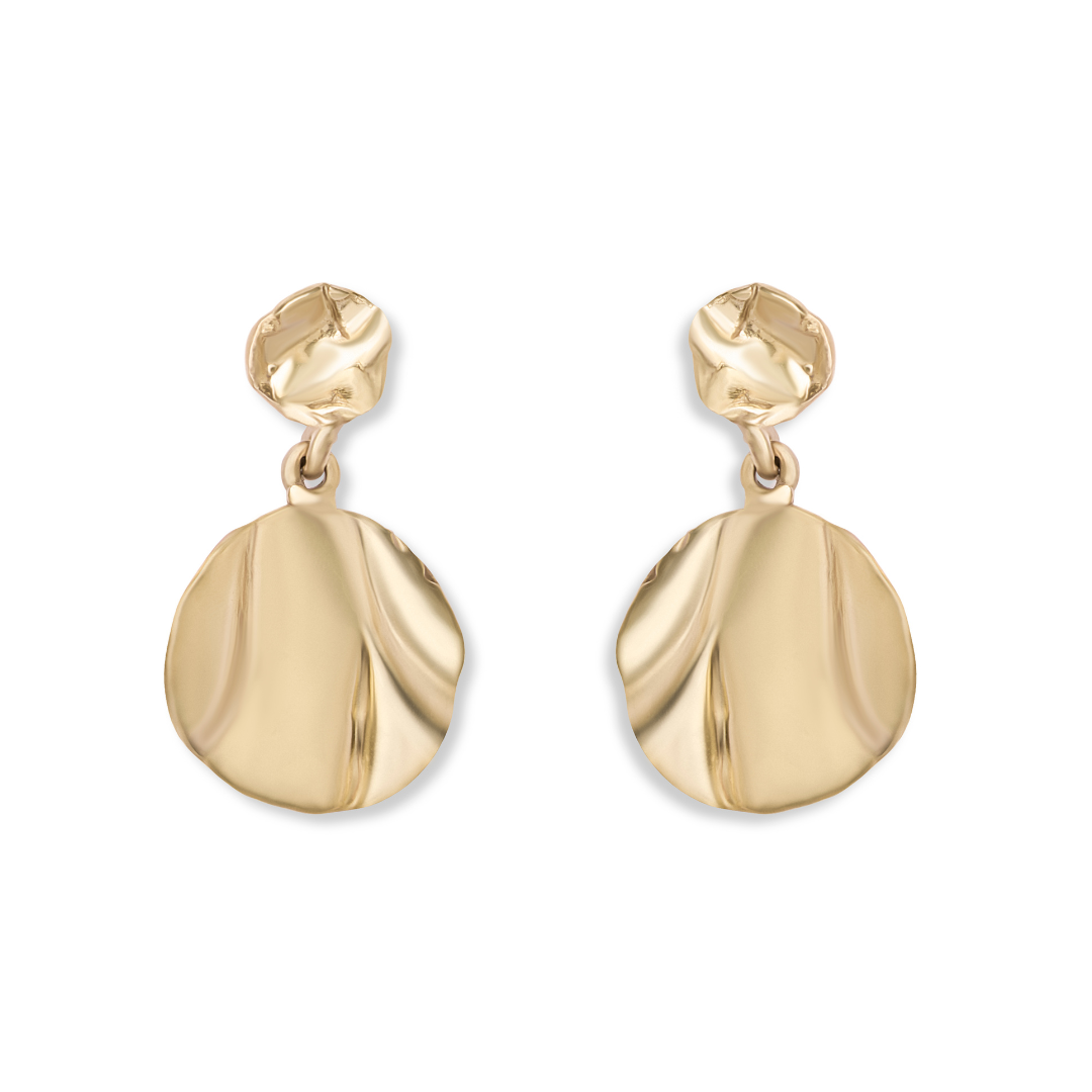 The Tide Drop Earrings by Madeleine Sculptural Jewellery are handmade from recycled brass, featuring wavy, textured ovals hanging from smaller studs for a unique, sustainable, and modern accessory.