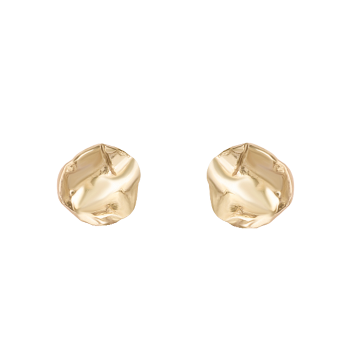 The Tide Studs by Madeleine Sculptural Jewellery are small, round gold earrings with a crumpled, organic texture, shown against a plain white background.