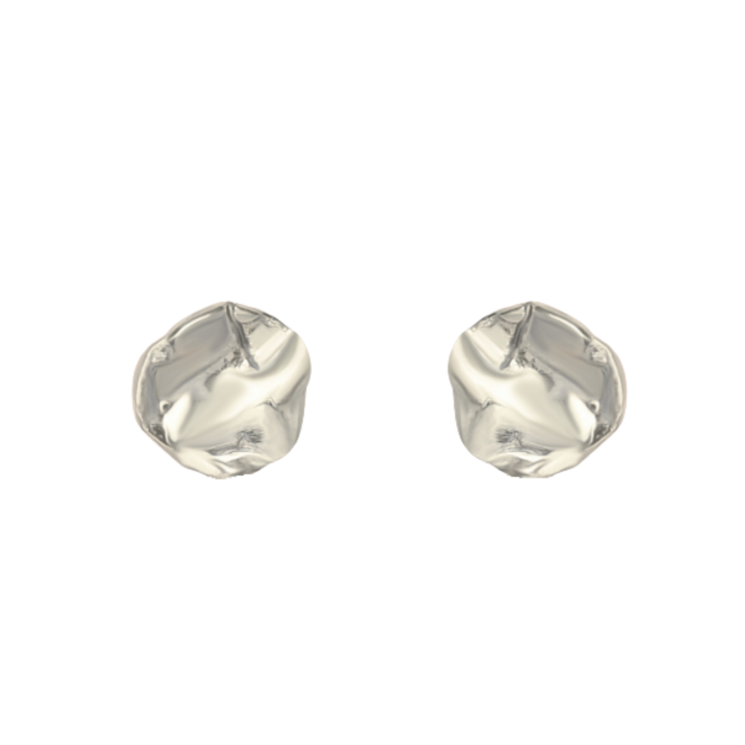 The Tide Studs by Madeleine Sculptural Jewellery are small, round silver earrings with an organic, crumpled texture, shown against a white background.