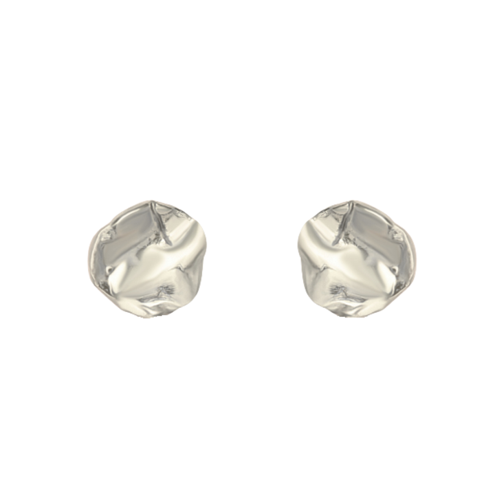 The Tide Studs by Madeleine Sculptural Jewellery are small, round silver earrings with an organic, crumpled texture, shown against a white background.