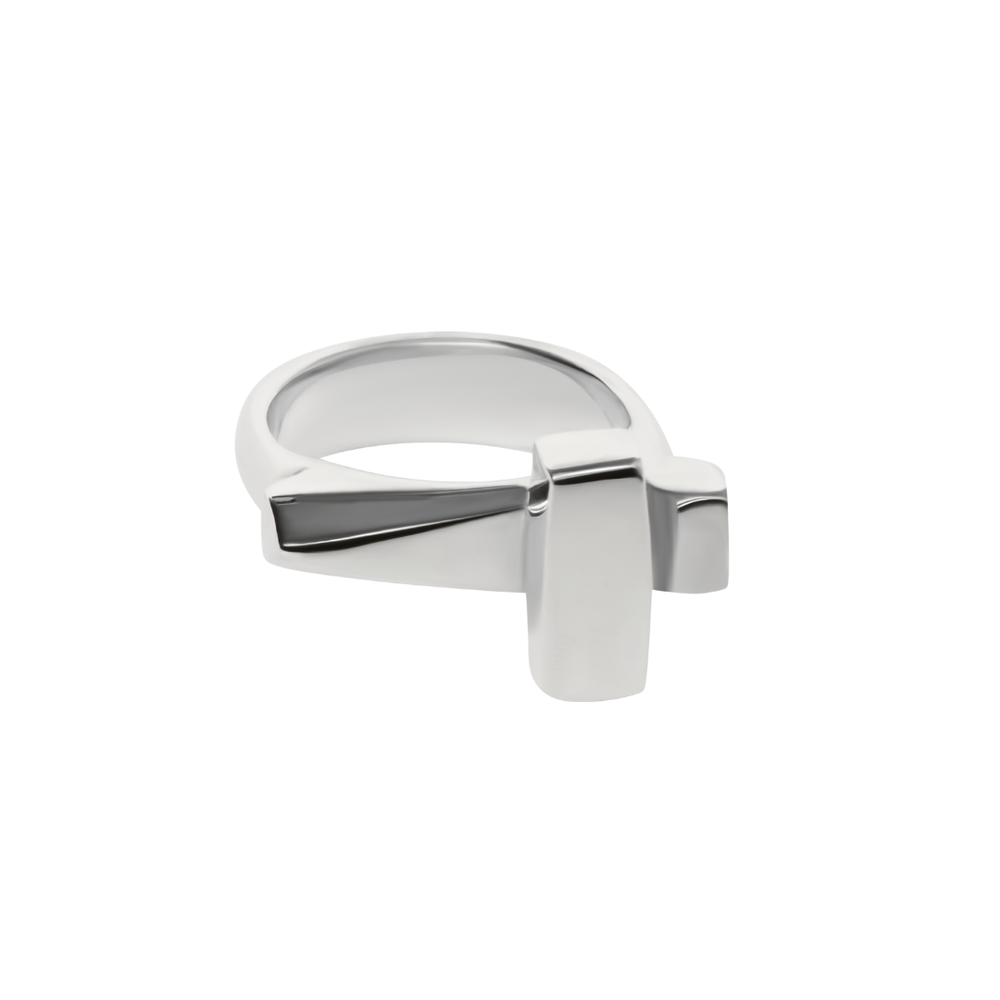 The Totem Ring by Madeleine Sculptural Jewellery is a handmade silver ring with a thick band and a bold horizontal bar, showcasing a modern minimalist design, photographed on a white background.