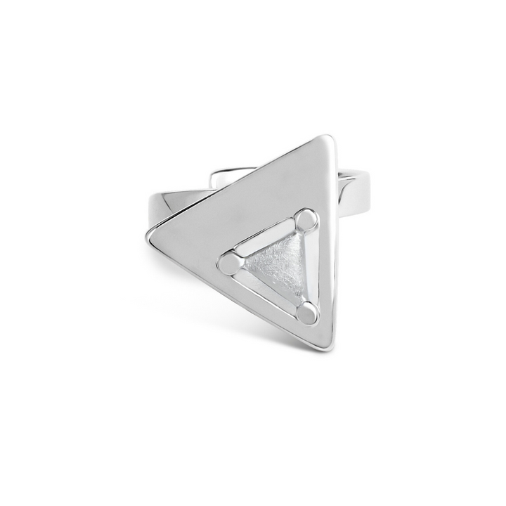 The Triune Ring by Gallardo & Blaine Designs features a bold sterling silver band with a large, flat triangular face, rounded edges, and three small circular accents at each corner of an inset triangle.
