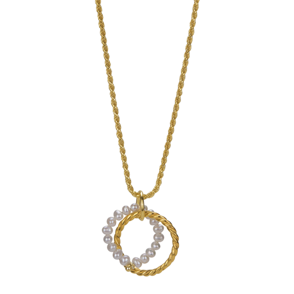 The Bonvo Twisted Pearl Pendant Rope Chain with 18k gold plating features a twisted chain and a circular pendant of two interlocking circles. One circle is made of small pearls, while the other is a plain, twisted gold ring. The design is elegant and minimalistic.