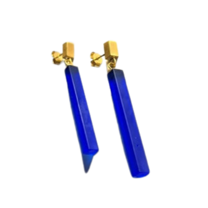 Soul Bottle Straight Gold Glass Earrings by Beira by Irene Reyes feature long, rectangular blue recycled glass pendants—stylish, eco-friendly jewelry displayed on a white background for a modern look.