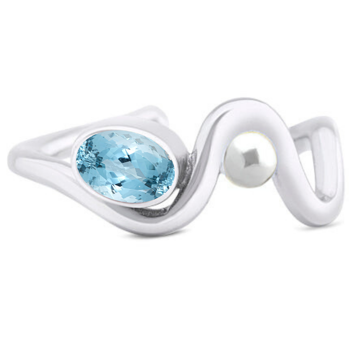 The Adjustable Heartbeat Ring by Gallardo & Blaine Designs features a distinctive wavy design, accented with an oval aquamarine gemstone and a round pearl, ideal for lovers of colored gemstones.