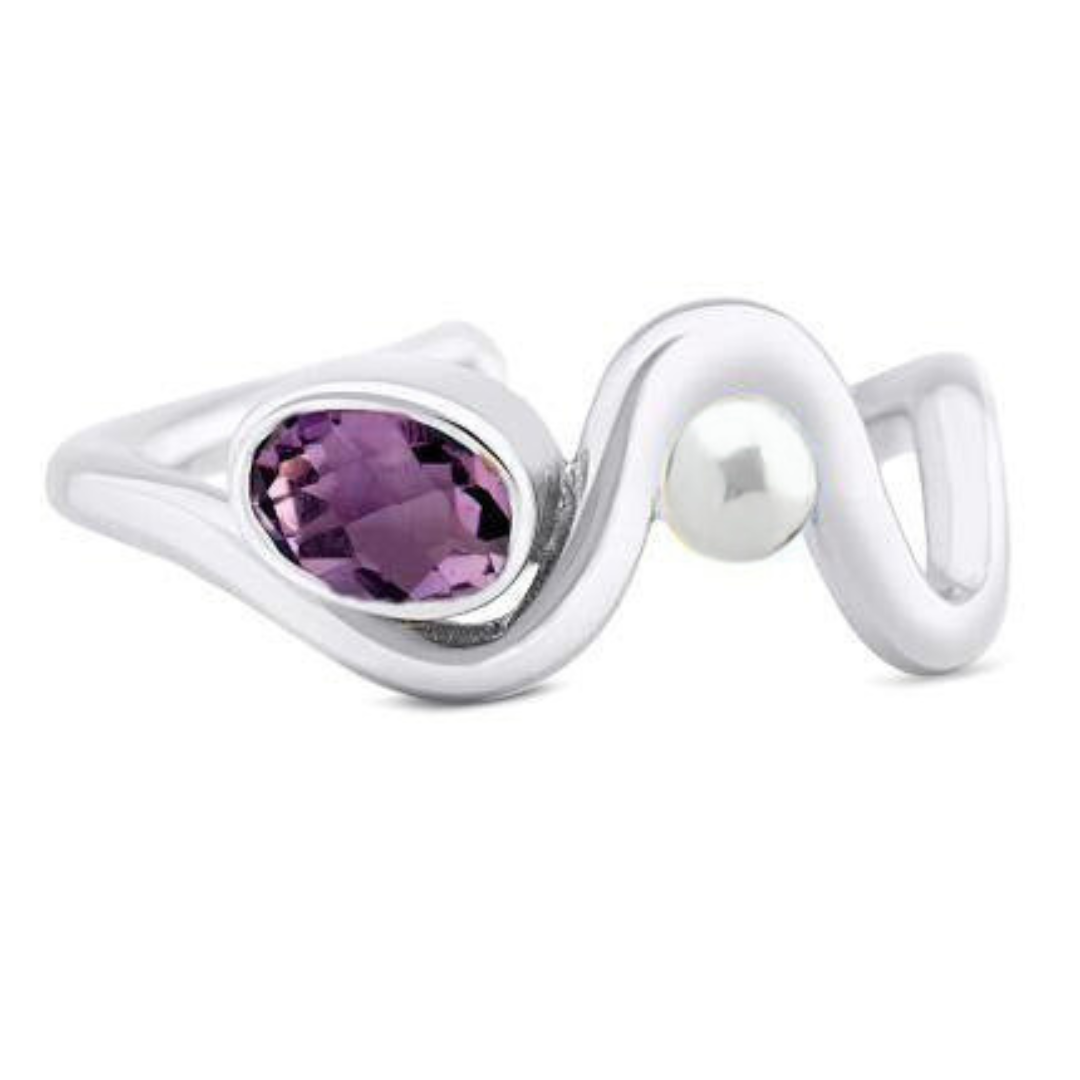 The Adjustable Heartbeat Ring by Gallardo & Blaine Designs features a sterling silver band with an abstract wavy design, showcasing an oval purple gemstone on one side and a small round pearl on the other, ideal for those who love modern, unique jewelry with colored gemstones.