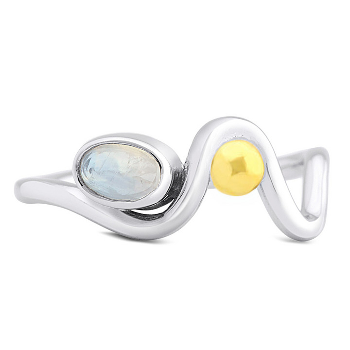 The Adjustable Heartbeat Ring by Gallardo & Blaine Designs features a wave-like sterling silver design with an oval moonstone and gold bead, creating a stunning contrast of colored gemstones and metallic elements on its sleek adjustable band.