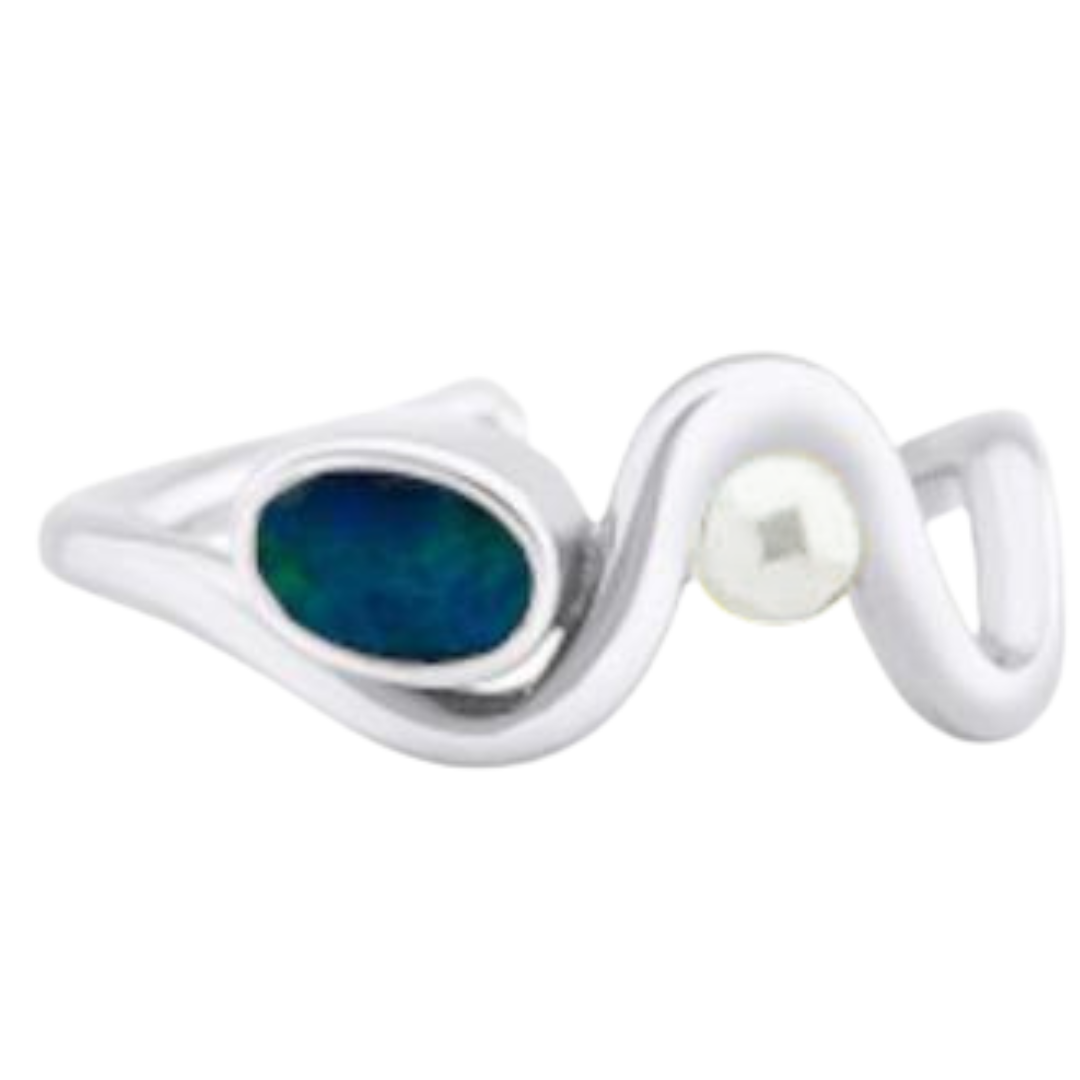 The Adjustable Heartbeat Ring by Gallardo & Blaine Designs is a sterling silver piece with a wavy abstract design, highlighting an oval blue-green opal and a small spherical white pearl, creating a stunning blend of modern style and natural elements.