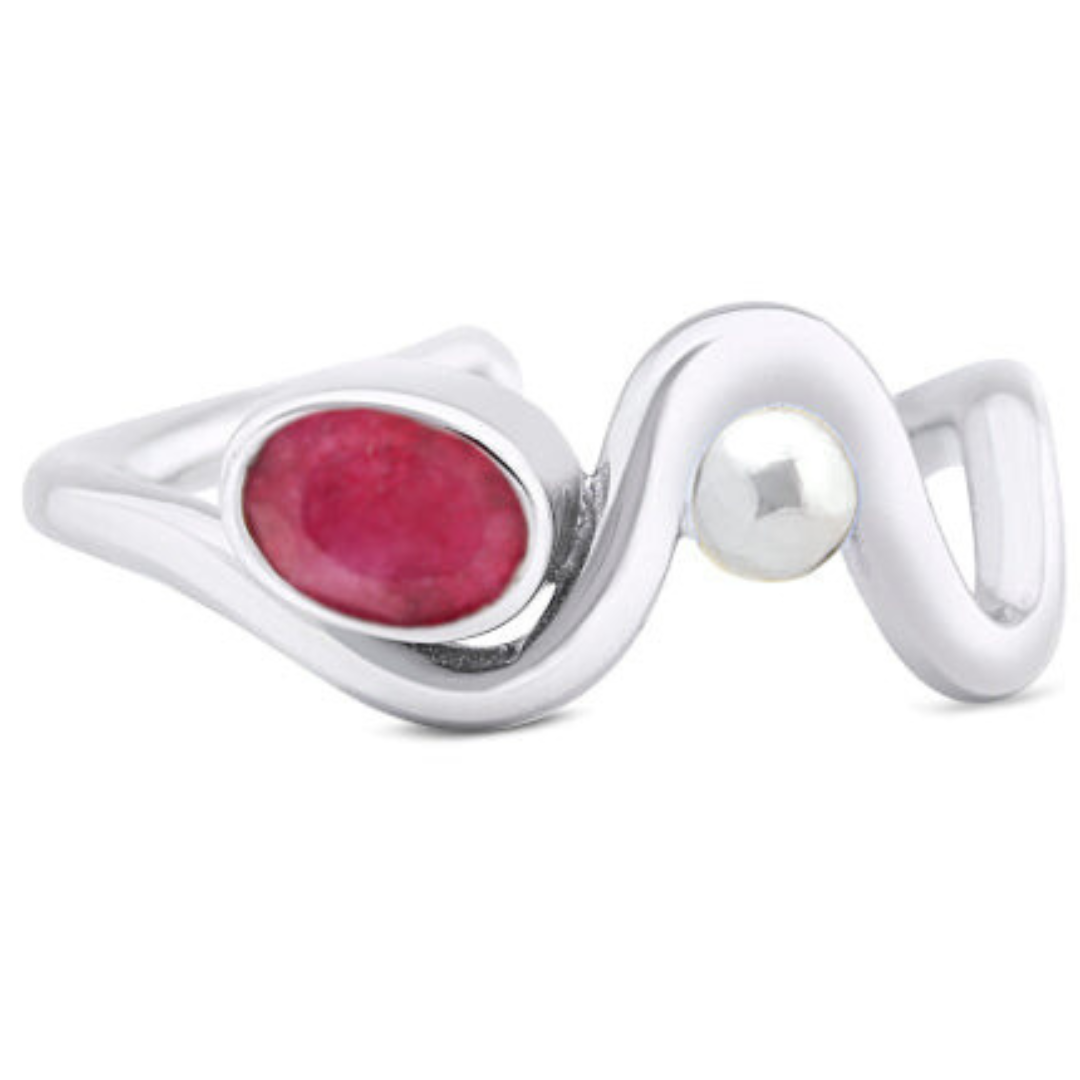 The Adjustable Heartbeat Ring by Gallardo & Blaine Designs features a wavy design, elegantly highlighting an oval red stone and a round white pearl, embodying the charm of colored gemstones.