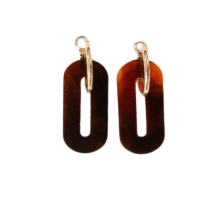 A pair of lightweight, handmade Amber Oval Acrylic Earrings by Studio Nok Nok with small gold hoops at the top, attaching the larger recycled acrylic segments. The earrings have a marbled brown pattern and are set against a plain white background.