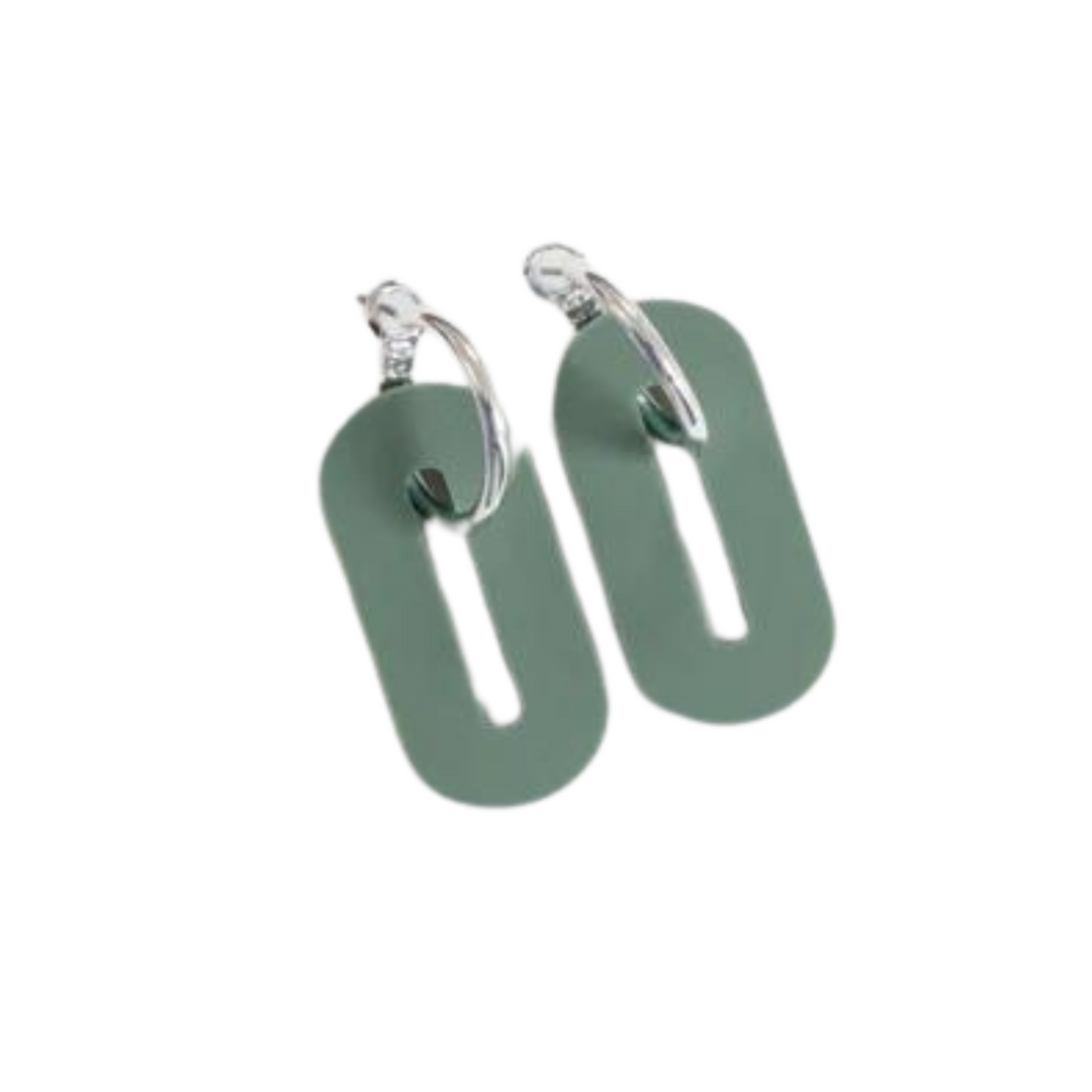 Sage Green Oval Misty Acrylic Silver  Hoop Earrings