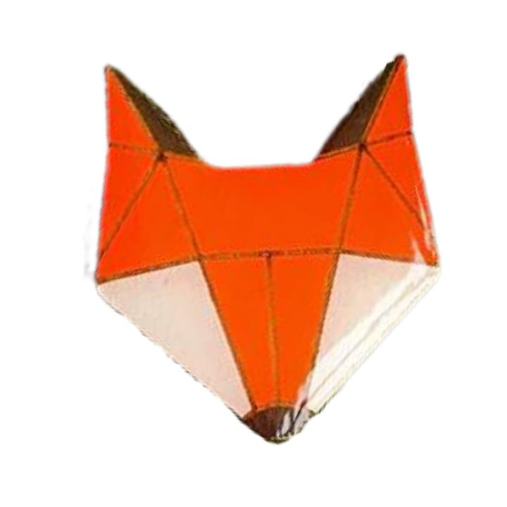 An origami fox face, folded with orange and white paper, featuring geometric shapes and clean lines depicting the animal’s head, ears, and muzzle. The background showcases a Naoi Fox Pin Brooch nestled beside it.