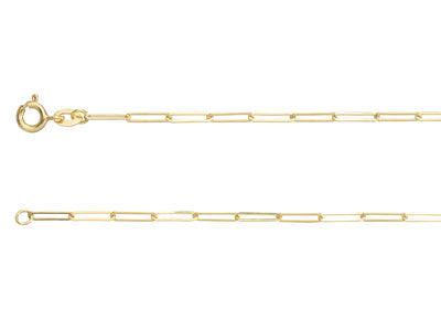 Image of a delicate gold chain necklace with rectangular links. The Cosmic Boulevard 9ct Yellow Gold 2.3mm Long Link Extra Light Paperclip Chain 18" features a small, round clasp on one end and a simple loop on the other. The chain is displayed horizontally against a white background.