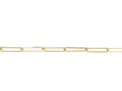 A minimalistic image shows a Cosmic Boulevard 9ct Yellow Gold 2.3mm Long Link Extra Light Paperclip Chain 18" with elongated, rectangular links evenly spaced along its length. The chain is displayed horizontally against a plain white background.