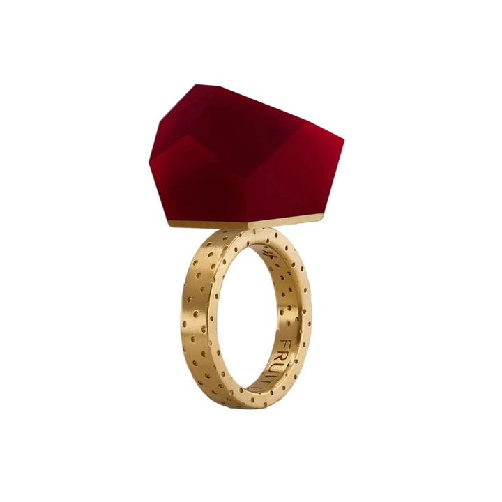A Fruit Bijoux Ring with a dotted band and the VU Crystals Cherry Red Ring Top is shown on gray. Text says “24mm Cherry Red Ring Top” above and “Dots Ring Band” below. Part of the exclusive Fruit Bijoux collection.