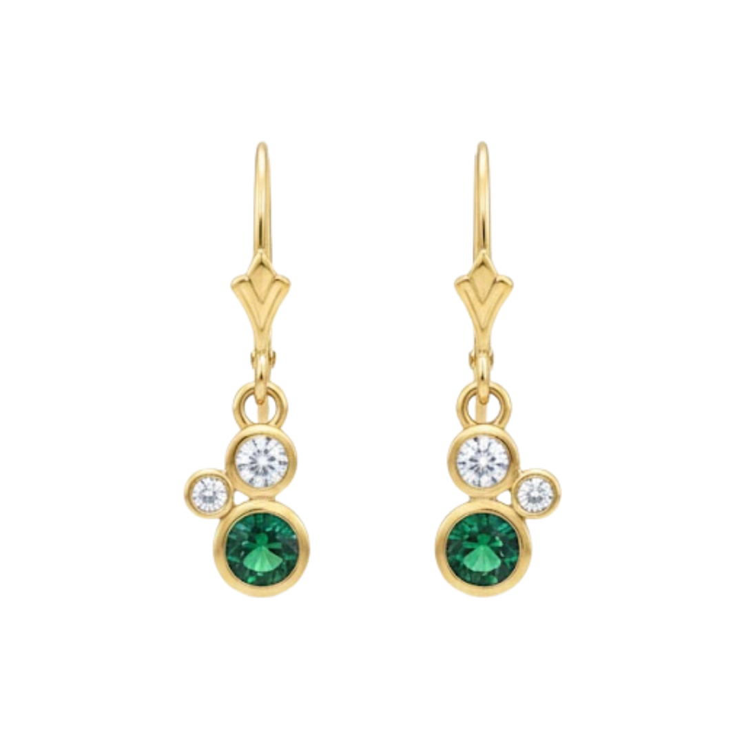 Madeleine Fine Jewellery’s Verdant Embrace 9ct yellow gold earrings feature a green tsavorite and two diamonds on each earring, crafted in an elegant cluster design for timeless sparkle.