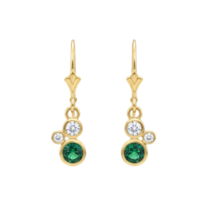Madeleine Fine Jewellery’s Verdant Embrace 9ct yellow gold earrings feature a green tsavorite and two diamonds on each earring, crafted in an elegant cluster design for timeless sparkle.