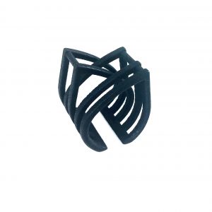 The Elsiem Vibe Rib Ring is a three-dimensional geometric object composed of interwoven black bands forming an abstract, symmetrical design. Architecturally sculpted with an open, lattice-like appearance, the structure features curved lines intersecting to create a dynamic visual effect against a white background.