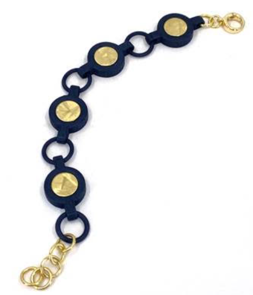 A black chain bracelet with circular gold-tone medallions and gold-tone lobster clasp, shown on a plain white background.