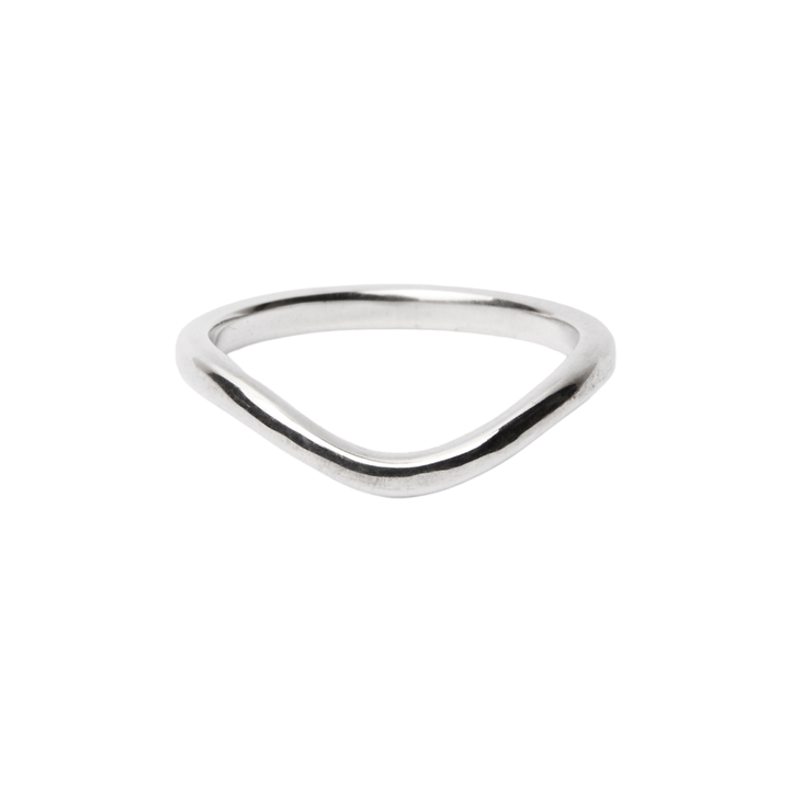 The Collective Dublin's Dainty Curved Wedding Ring is a 2mm minimalist band with a smooth, rounded V-shaped front, shown against a white background.