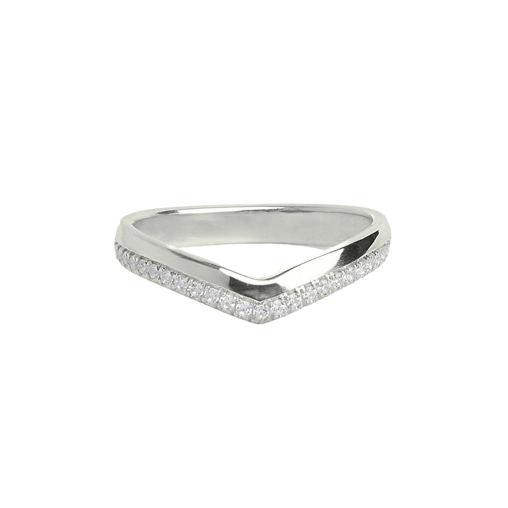 The Collective Dublin's 3mm Offset Lab Grown Diamond Wedding Ring features a sleek chevron design with sparkling lab-grown diamonds along the front—a sophisticated and ethical engagement ring, shown on a plain white background.
