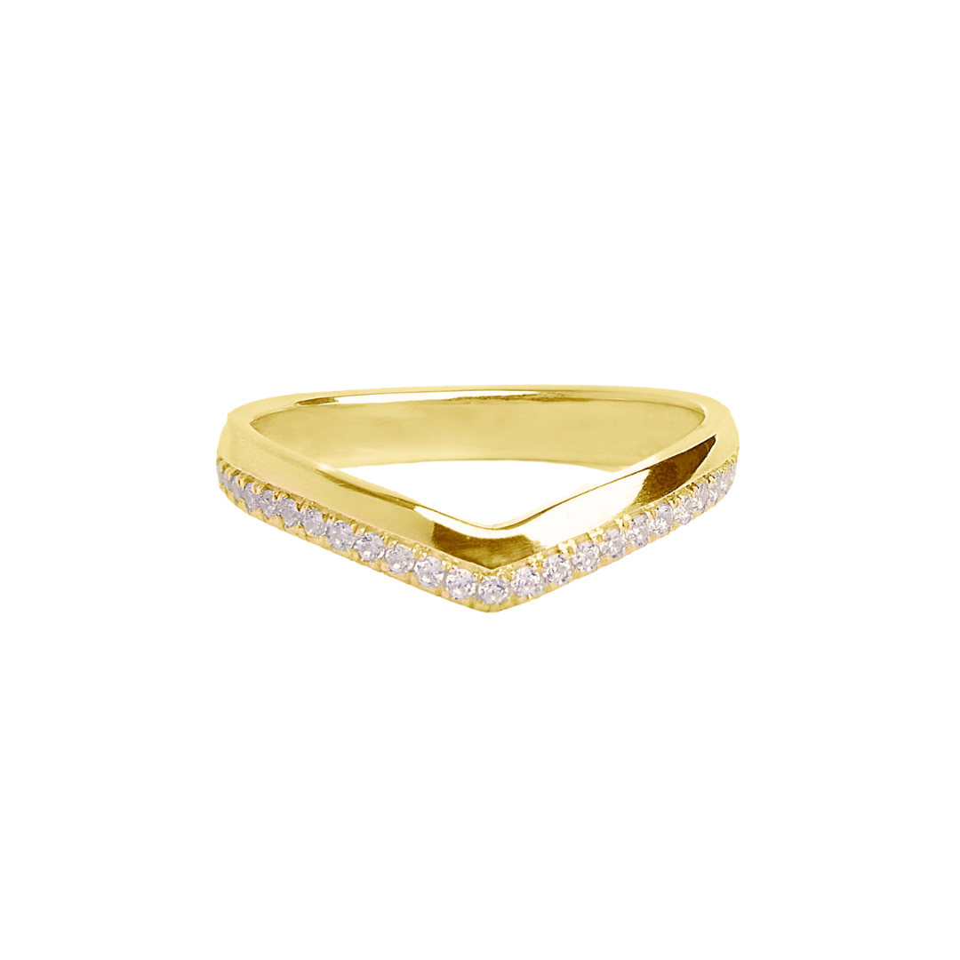 The Collective Dublin's 3mm Offset Lab Grown Diamond Wedding Ring features a chevron-inspired gold band with sparkling lab-grown diamonds along the top edge, displayed on a white background—an elegant, ethical choice.
