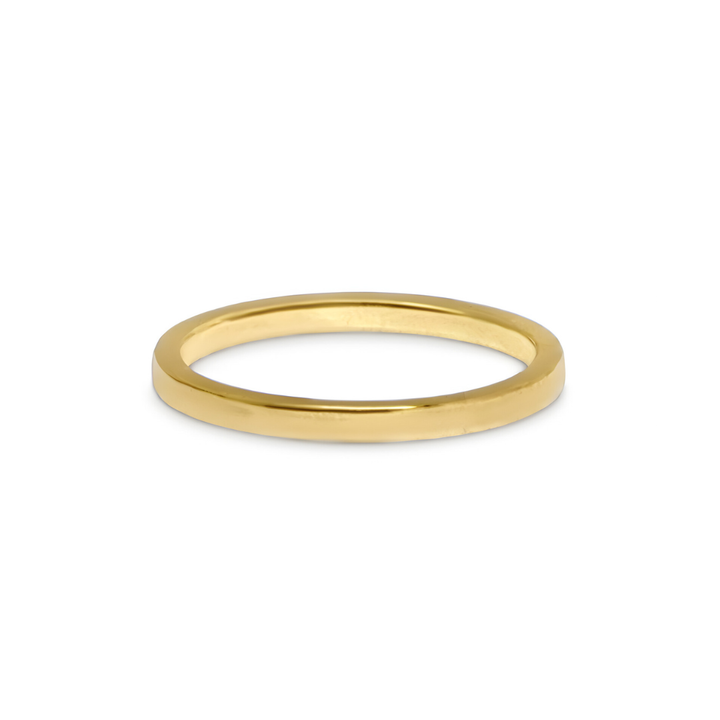 The Collective Dublin 2mm Square Wedding Band—a sleek, thin 9ct yellow gold ring with a smooth, polished finish—shown on a plain white background.