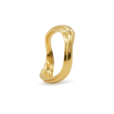 A Wabi Ring with a unique, wavy, open design, featuring smooth, curved edges that create an artistic and contemporary look. This hand-carved ring in solid sterling silver from Bonvo boasts 18ct gold plating and appears polished and shiny, reflecting light on its sleek surface. The background is plain white, making the ring the focal point.