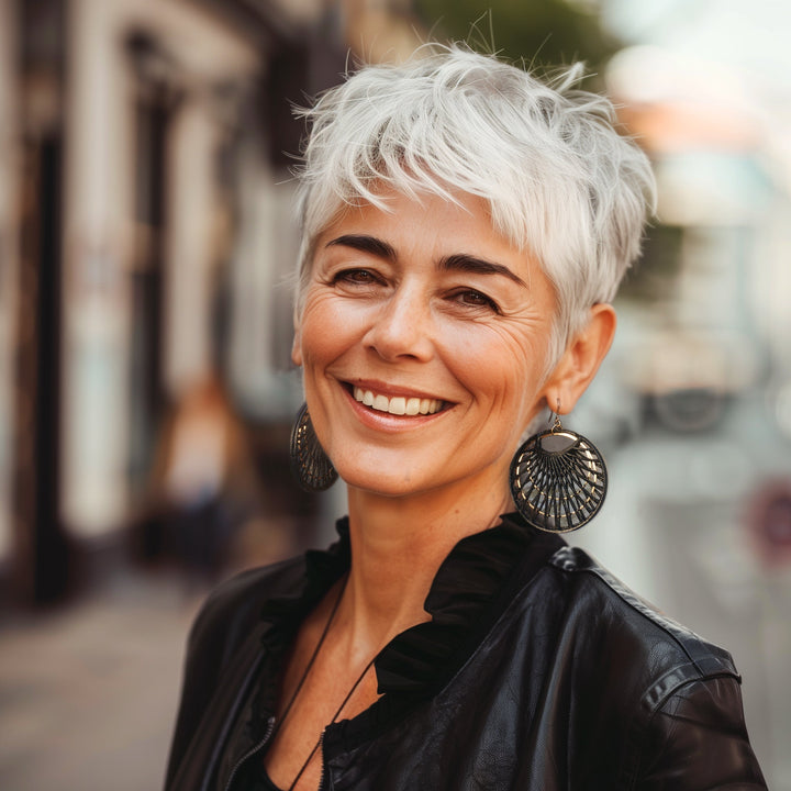 A woman with short, white hair smiles warmly at the camera. She is wearing a black leather jacket and large, circular Black Waterlily Earrings from Tochu-De made of powder-coated 3D printed nylon. The background appears to be a blurred city street with buildings and some greenery.