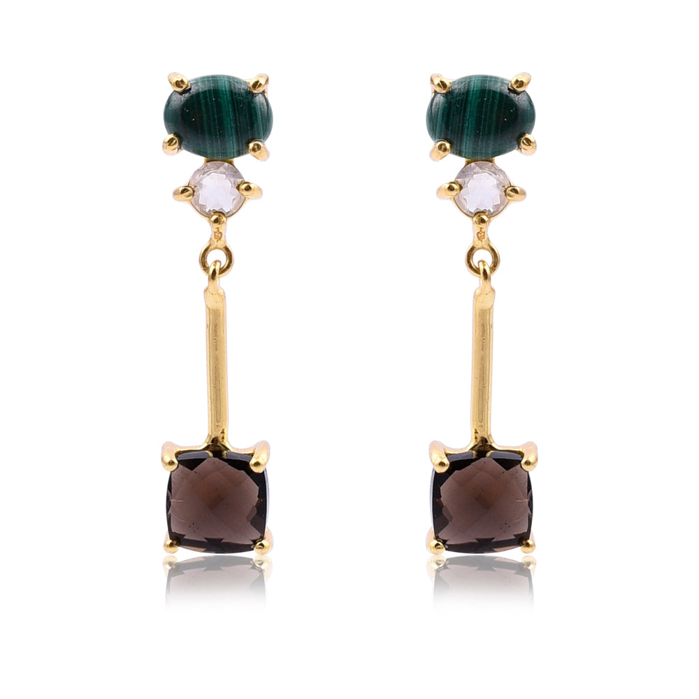 Introducing the Watermelon Tropical Triple Gemstone Dangle Earrings: a pair of elegant earrings featuring semi-precious stones — a round green stone at the top, a smaller transparent stone in the middle, and a rectangular dark brown stone at the bottom. The stones are set in gold vermeil settings, all aligned vertically, showcasing exquisite handmade jewellery craftsmanship.