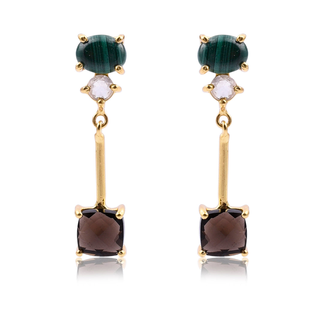 Introducing the Watermelon Tropical Triple Gemstone Dangle Earrings: a pair of elegant earrings featuring semi-precious stones — a round green stone at the top, a smaller transparent stone in the middle, and a rectangular dark brown stone at the bottom. The stones are set in gold vermeil settings, all aligned vertically, showcasing exquisite handmade jewellery craftsmanship.