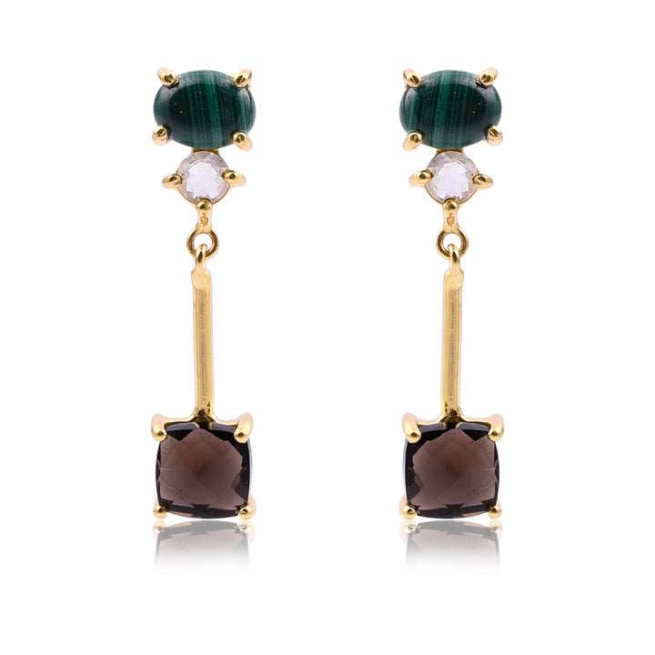 Introducing the Watermelon Tropical Triple Gemstone Dangle Earrings: a pair of elegant earrings featuring semi-precious stones — a round green stone at the top, a smaller transparent stone in the middle, and a rectangular dark brown stone at the bottom. The stones are set in gold vermeil settings, all aligned vertically, showcasing exquisite handmade jewellery craftsmanship.