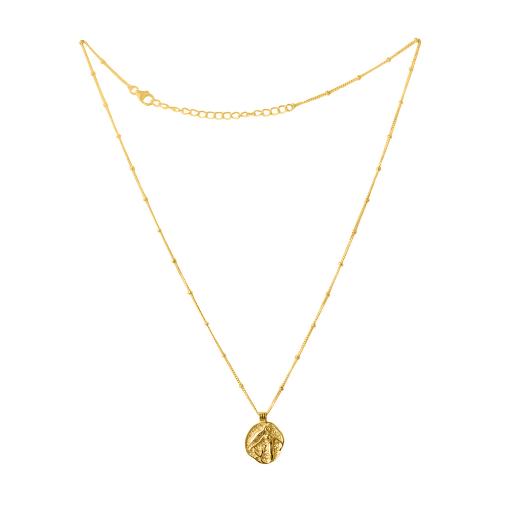 Gold plated, coin pendant necklace. Pendant has a mermaid slightly raised to define her outline.